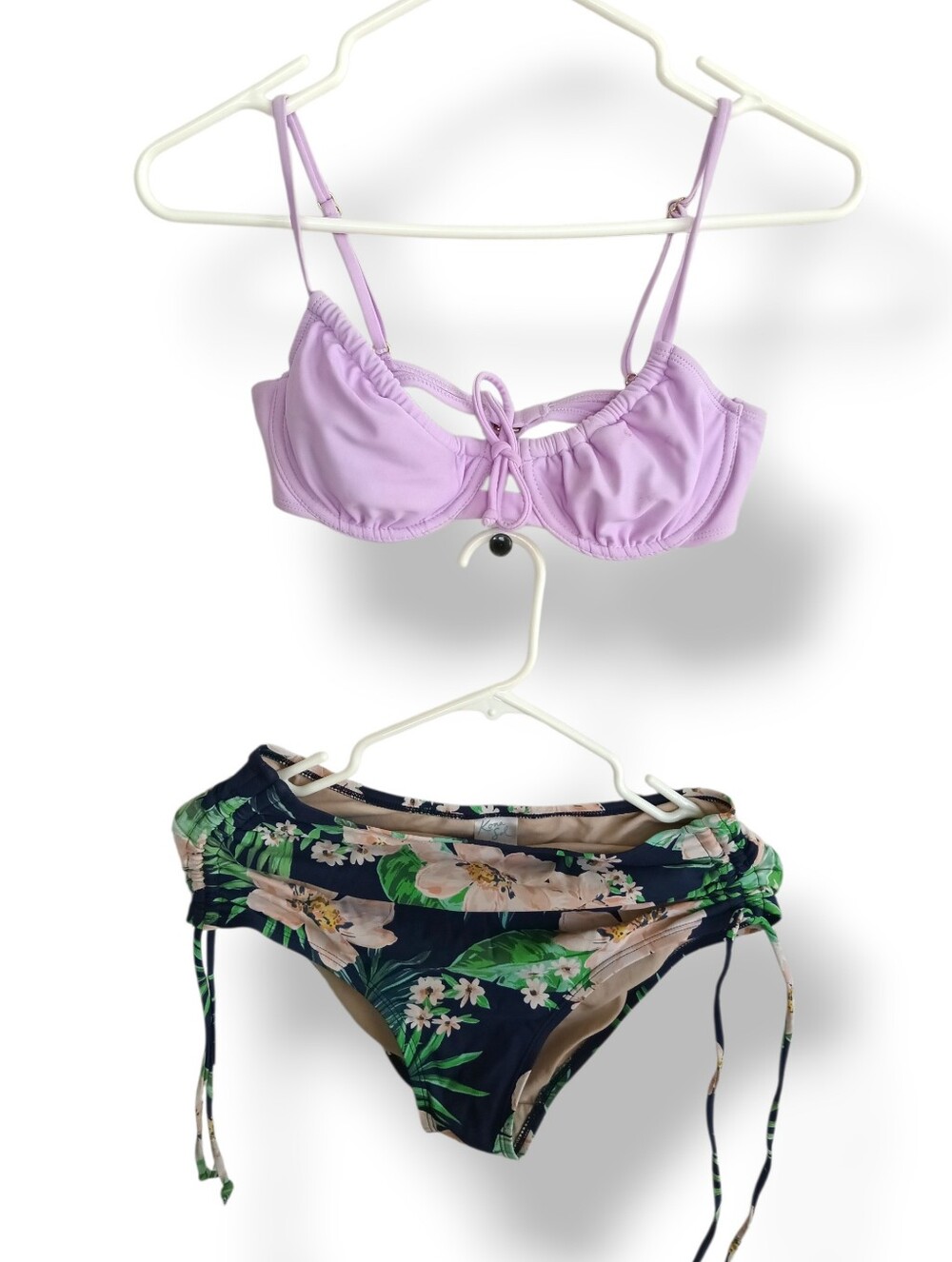 Kona Sol Lilac Tie-Front Bikini Ruched High Waist Underwire Tropical Flowers MED - Picture 2 of 15